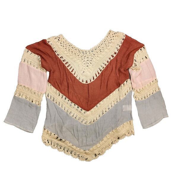 Crochet Color Block BOHO Blouse Top Tunic Festival Bell‎ Sleeves One Size Beach - Picture 1 of 6